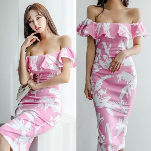 Korean Fashion Elegant Ladies Print Ruffle Off Shoulder Tube Dress Summer Women Sexy Back Slit Slim Wrap Bodycon Dresses jurken