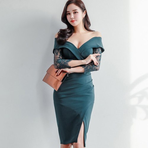 Sexy Slash Neck Pencil Dress Korean Office Lady Evening Party Simple Vintage Dresses Lace Stitching Bodycon Vestidos