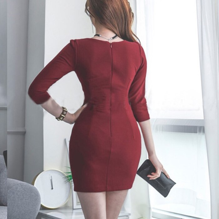 Women Red Button Skinny Spring Autumn 3/4 Sleeve Dresses Slim Chic V-neck Solid Color Bodycon Office Dress Mini S-XL  Vestidos