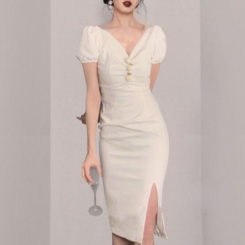 2021 New Fashion Women's Short Sleeve Summer Dresses Sexy Split Slim Waist Ladies Solid Color Casual Dress Vestidos