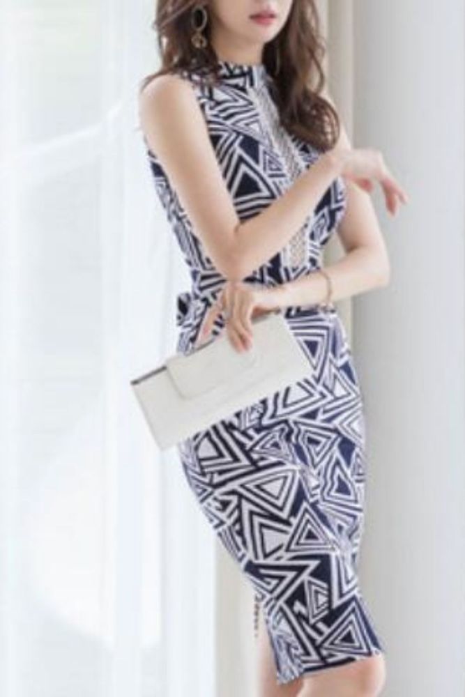 3612# Summer Korean Style Slim Fit Vertical Stripes Fishnet Stitching Sleeveless Triangle Printed Backless Dress
