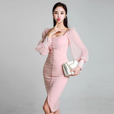 New Elegant Party Dress Long Sleeve Square Collar Pink lace Slim  Dress Bodycon Formal Dress Autumn Korean Style LJ495