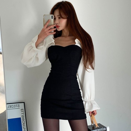Black High Waist Tight Dress 2021 Spring Square Collar White Puff Sleeve Sexy Backless Elegant Party Dress Women