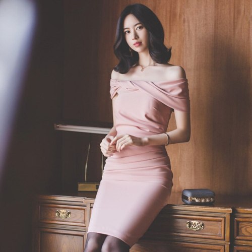 Slash Neck Summer Dress Women's 2021 New Pink Sheath Pencil Bodycon Dresses Simple Korean Office Wear Party Vestidos