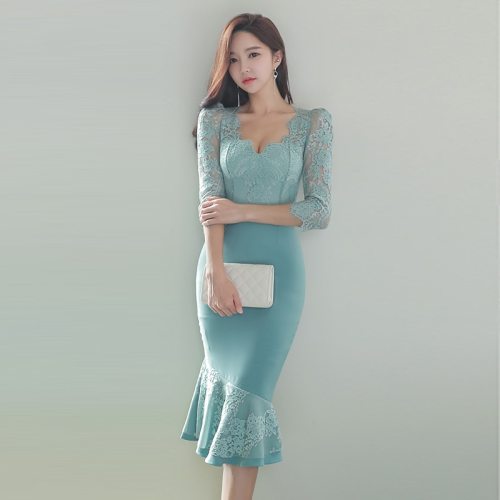 Spring Elegant Lace Patchwork Office Work Dress Women V-neck High Waist Bodycon Mermaid Dresses New Korean Party Vestidos