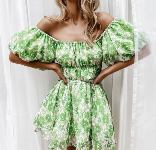 Women Sweet Fashion Mini Dress Off The Shoulder Slash Neck Slim Print Floral Short Puff Sleeve Big Hem Vestidos New Summer 2021