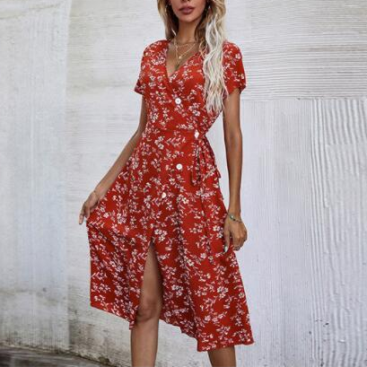 Women's Retro Style Floral Sexy V-neck Dress Buttons Bandage Split Printed Chiffon Temperament Long Dress With Short Sleeves