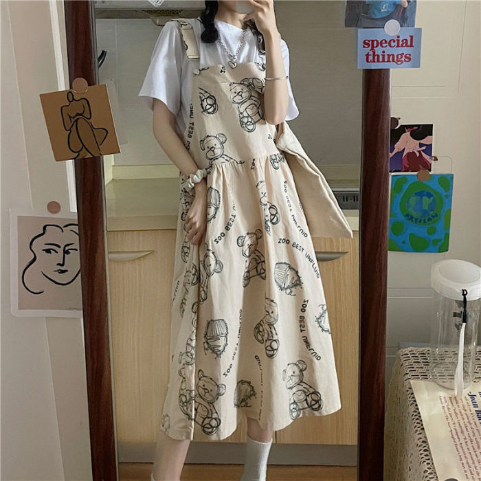 New Summer Women's Dress 2021 College Style Bear Suspender Dress Female Student Mid-length Korean Loose A-line Casual Midi Dress
