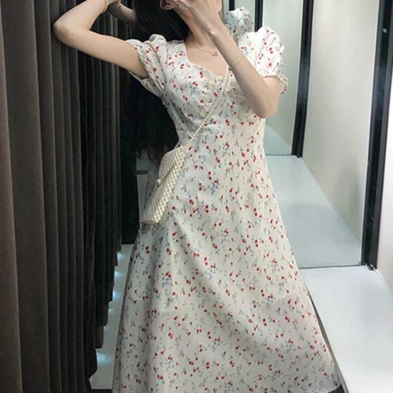 Summer Chiffon Floral Printing White Dresses For Women 2021 New Square Collar Buttons Midi Dress Korean Style Short Sleeve Dress