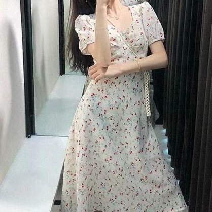 Summer Chiffon Floral Printing White Dresses For Women 2021 New Square Collar Buttons Midi Dress Korean Style Short Sleeve Dress
