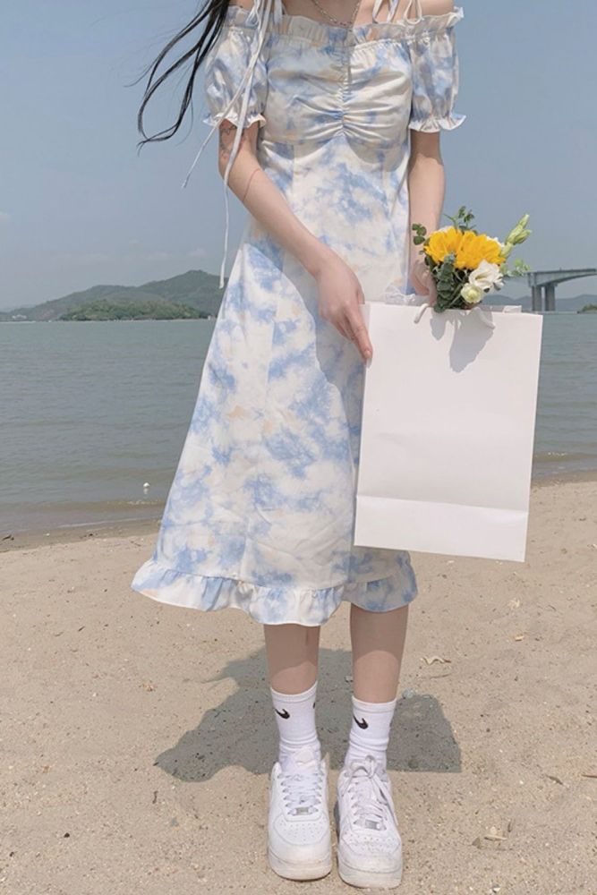Elegant Kawaii Dress Women Puff Sleeve Floral Casual Starp Dress Beach Party One Piece Dress Korean Office Lady 2021 Summer Chic