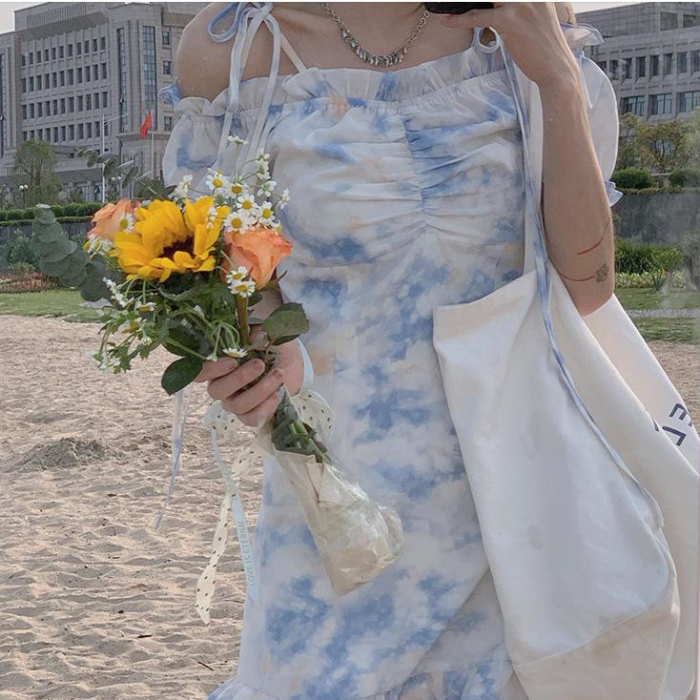 Elegant Kawaii Dress Women Puff Sleeve Floral Casual Starp Dress Beach Party One Piece Dress Korean Office Lady 2021 Summer Chic
