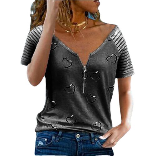 Women's Printed T Shirt V Neck Zipper Casual Loose Short Sleeve Top Summer Fashion Sexy Plus Size Clothing