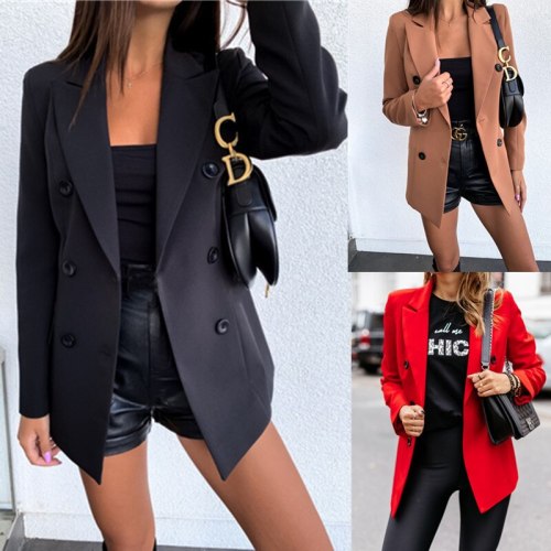 Blazer Casual Women's Office Wear Autumn And Winter Solid Color Long Sleeved Double Breasted Button Suit Temperament Jacket