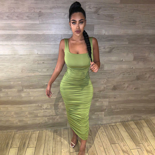 Summer Sleeveless Bodycon Ruched Club Midi Tank Dress Women Elegant Slim Fit Backless Sexy Long Party Dresses