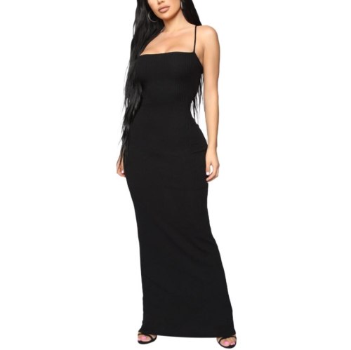 Female Dress Solid Color Sleeveless Spaghetti Strap One-Piece Backless Sundress for Summer Black S/M/L