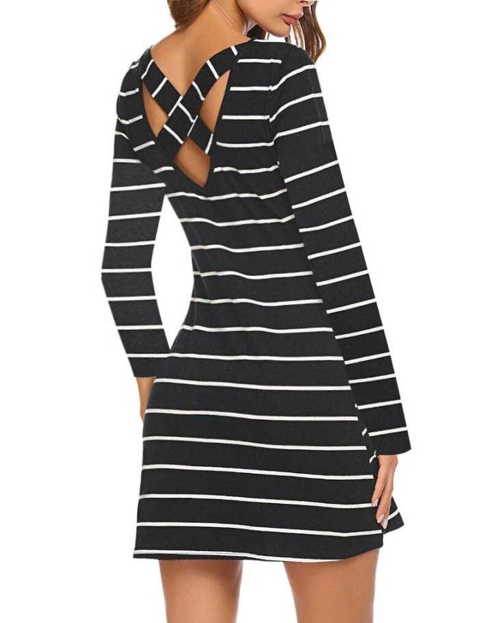 European and American Fashion Dress Stripe Round Neck Casual Loose Autumn Women's Wear