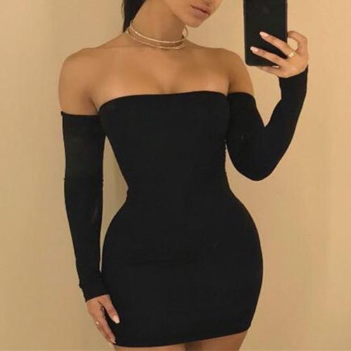 Sexy Womens Off Shoulder Long Sleeves Backless Pure Color Buttock Mini Dress Bodycon Club Sexy Night Party