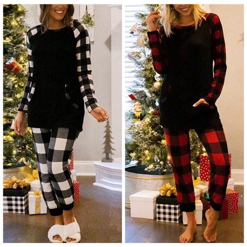 Autumn Women's Suit Two-piece Pajamas Casual Set Plaid Printed Pattern Long Sleeve Round Collar Tops and Pants