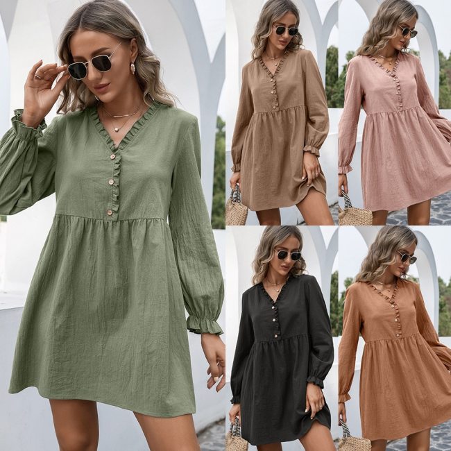Loose Pullover Pure Color A-Line Dress 2021 Fall Winter Casual Women's Dress With Wood Ears And Lotus Sleeves V-Neck Dress Women