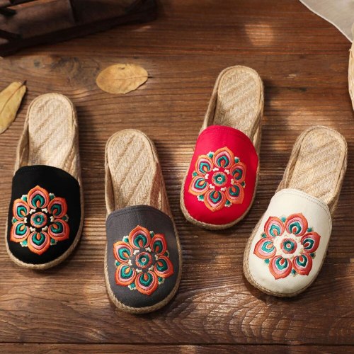 Summer Women Handmade Canvas Embroidered Mules Slippers Bohemian Ladies Casual Comfortable Linen Woven Flat Shoes