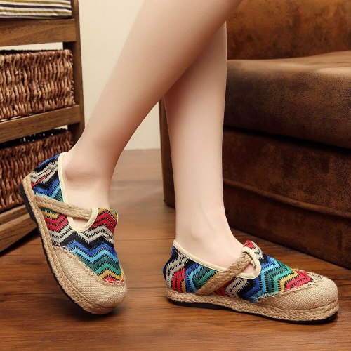 Handmade Hemp Rainbow Embroidery Womens Casual Linen Cotton Loafers Slip on Vintage Ladies Canvas Walking Flat Shoes