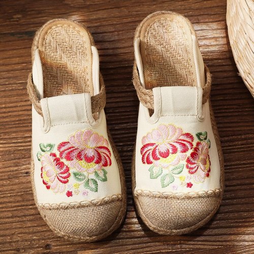 Women Slippers Embroider Summer 2021 New Women Shoes Slides Flat With National Style Handmade Retro Ladies Slippers