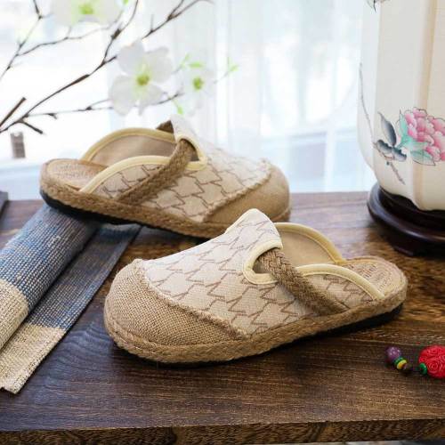 Women Handmade Canvas Close Toe Slippers Bohemian Ladies Casual Mule Espadrilles Summer Comfortable Flat Shoes