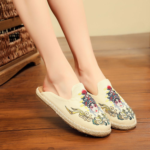 Women Canvas Flat Mules Slippers Espadrilles Chic Handmade Embroidered Ladies Comfort Linen Cotton Slide Summer Shoes