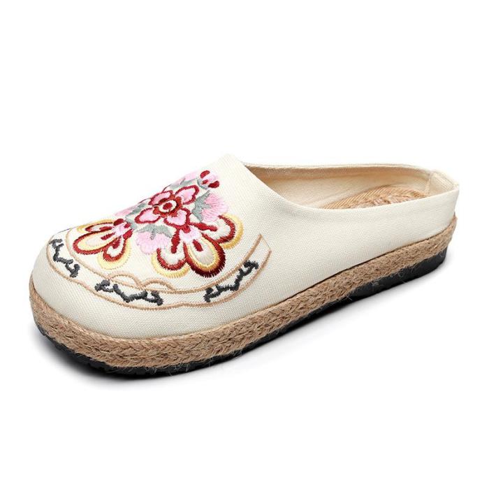New Women Slippers Embroider Summer Flat With Women Shoes Slides Handmade Linen National Style Ladies Slippers