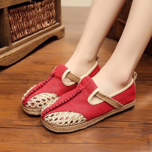 Breathable Linen Trend Lazy Flat Shoes Walking Shoes Round Mianma Folk canvas Shoes For Women Slip Flat Foot Shoes Hollow