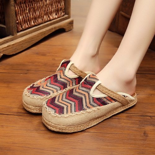 2021 New Autumn Women Shoes Outside Slippers Flat With Sewing Geometric Handmade Slides Cotton And Linen Women Sandals