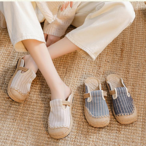Beige Heeled Sandals Shoes Slippers Flat Slides Low Shallow Black Summer Rubber Soft Hemp TPR Fabric Solid Basic Cotton Shallow