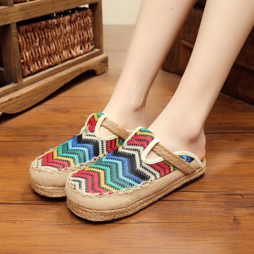 2021 New Autumn Women Shoes Outside Slippers Flat With Sewing Geometric Handmade Slides Cotton And Linen Women Sandals