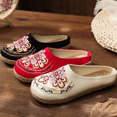 2021 New Women Slippers Embroider Summer Flat With Women Shoes Slides Handmade Linen National Style Ladies Slippers