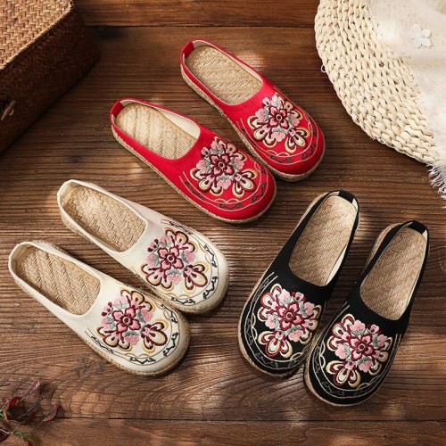New Women Slippers Embroider Summer Flat With Women Shoes Slides Handmade Linen National Style Ladies Slippers