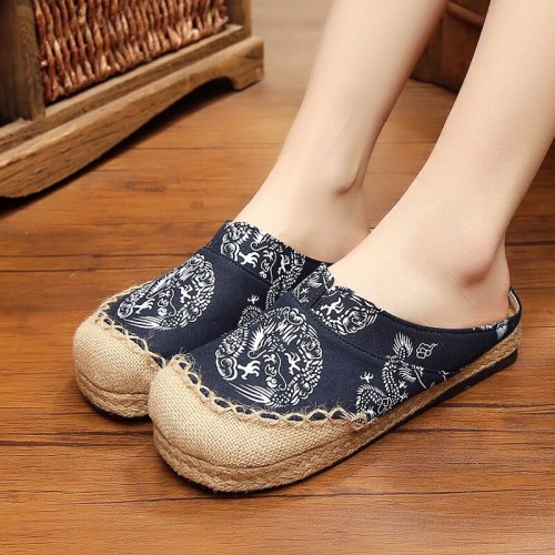 Summer Shoes Women Slippers Print Hemp Flat With Leisure Outside Slides Handmade Comfortable Sewing Concise Slippers