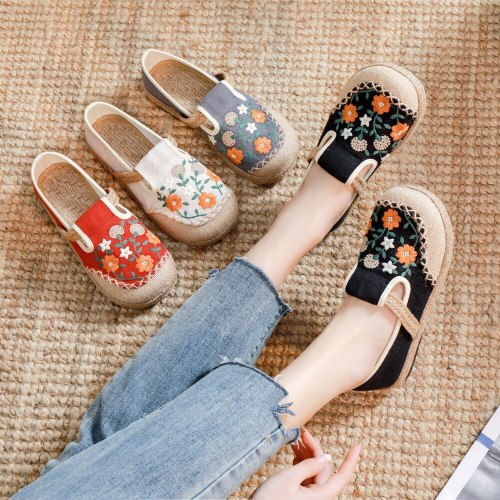 Women Linen Canvas Shoes Retro Bohemian Slip-On Flat Comfortable Loafers Ladies Casual Embroidered Hemp Sole Sneakers