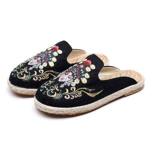 Women Canvas Flat Mules Slippers Espadrilles Chic Handmade Embroidered Ladies Comfort Linen Cotton Slide Summer Shoes