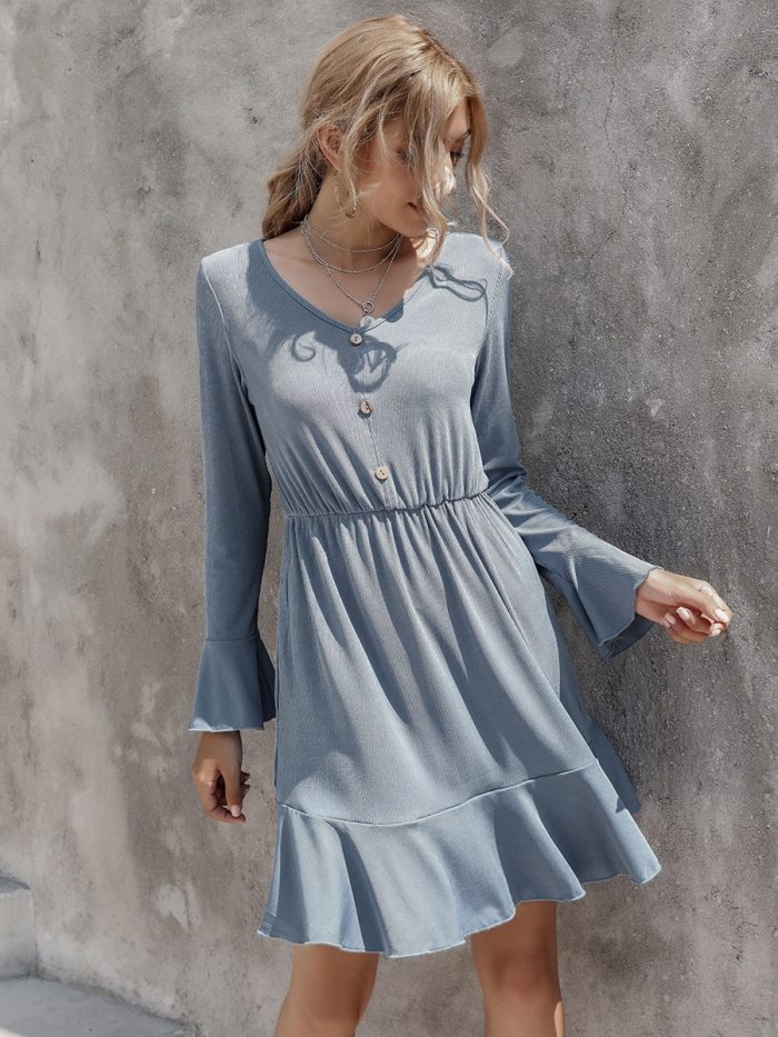 Solid blue ruffle dress women autumn winter short dress button elegant ladies long sleeve cozy casual dress female