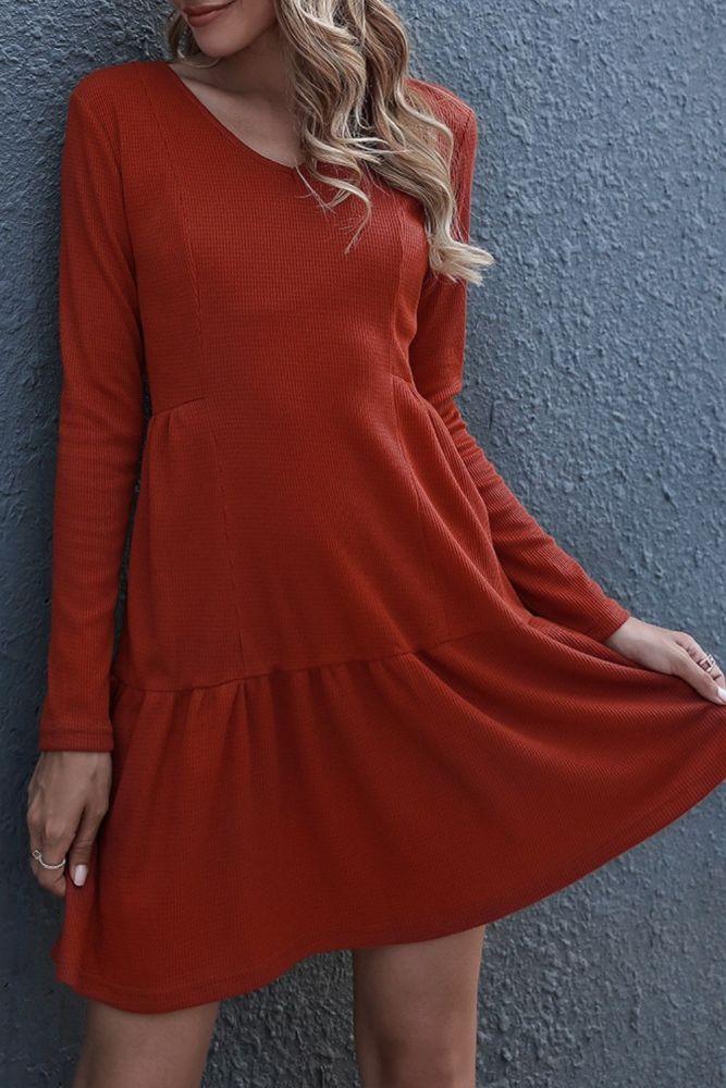 Women's Solid Color Loose V-Neck Long Sleeve Dress Brown