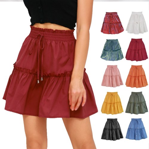 2021 Summer Boho High Waist Elastic Solid Mini Skirt Women Fashion Sexy Casual Lace-up Plus Size Ruffle A Line Skirts Femme