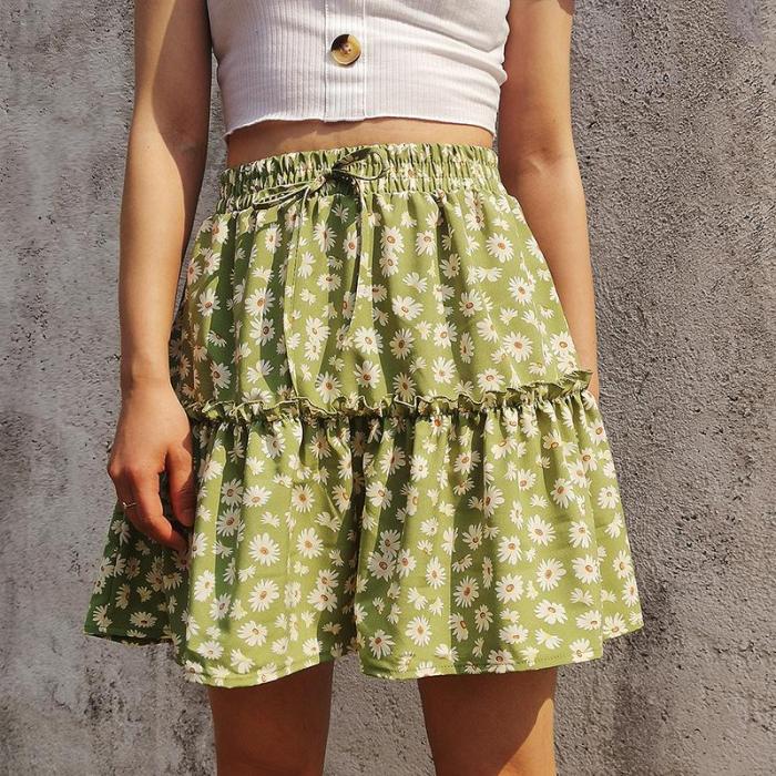 2021 New Design Floral Print Mini Skirt Women A-line Casual High Waist Plus Size Pleated Skirts Girl Sexy Pink Short Skirt Xs
