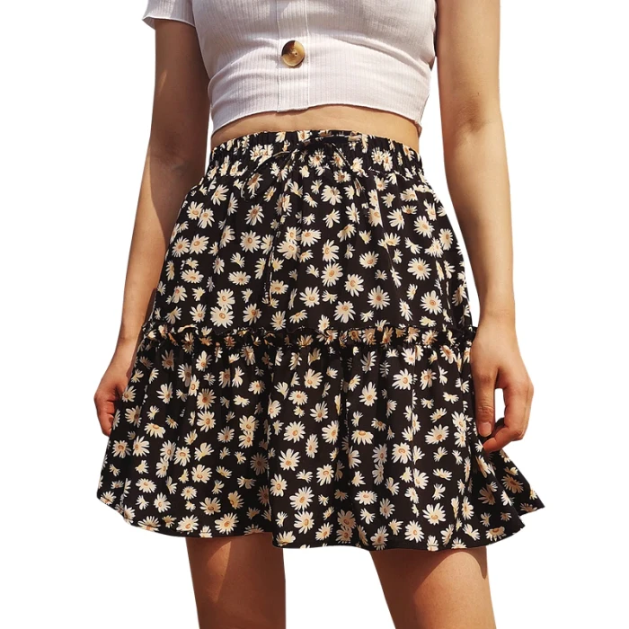 2021 New Design Floral Print Mini Skirt Women A-line Casual High Waist Plus Size Pleated Skirts Girl Sexy Pink Short Skirt Xs