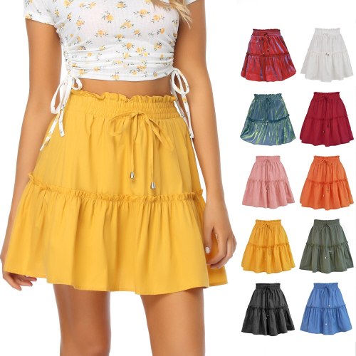 2021 Summer Boho High Waist Elastic Solid Mini Skirt Women Fashion Sexy Casual Lace-up Plus Size Ruffle A Line Skirts Femme