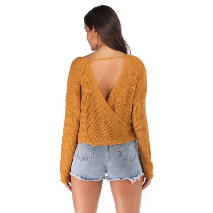 4XL Oversized Sexy Deep V Neck Wrap Womens Winter Swearers 2021 Fashion Backless Knitted Top Loose Casual Fall Sweater Plus Size