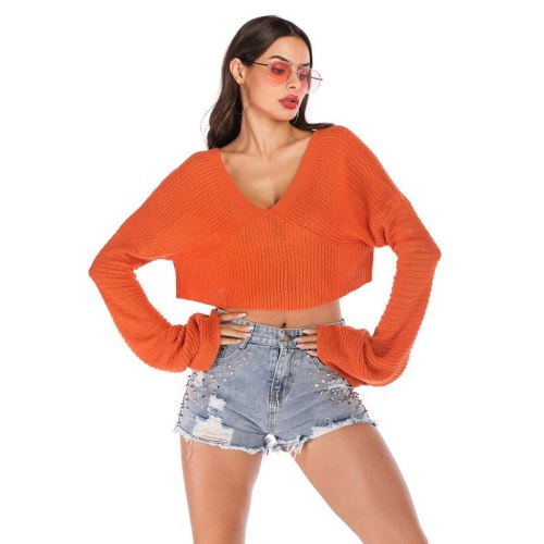 Autumn 2021 new fashion solid color V-neck short pullover knit bottom long sleeve sweater women