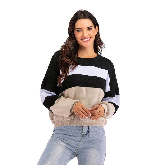 Fashion Women Autumn Winter O-Neck Color Matching Striped Sweater Casual Round Neck Long Sleeve Pullovers Sweater Tops