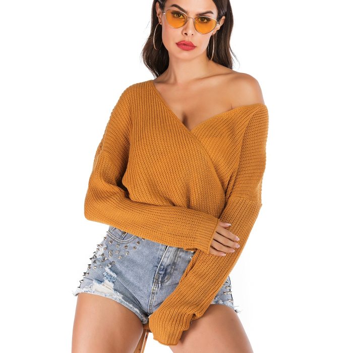 4XL Oversized Sexy Deep V Neck Wrap Womens Winter Swearers 2021 Fashion Backless Knitted Top Loose Casual Fall Sweater Plus Size