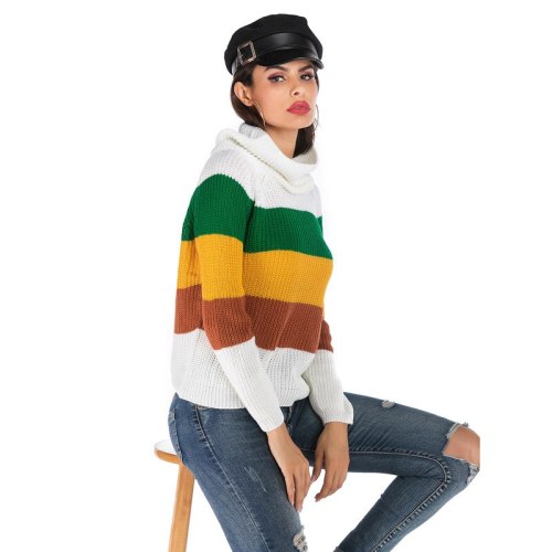 Women's Clothing 2021 Autumn New Europe & America Striped Colour Clashing Stacked Collars Turtleneck Women Long Sleeves Knitwear